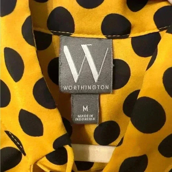 🤎 Worthington Yellow & Black Polka Dot Tie-Neck Blouse | NWT | Size M/L - Picture 4 of 9